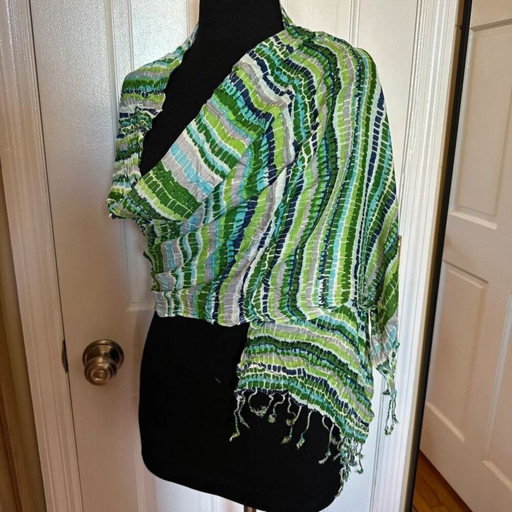 Big Buddha Women’s Oversized Scarf Wrap Green Blue Gray Striped Fringe Viscose
